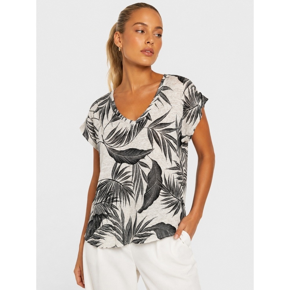 Tahari 100% Linen Tropical Palm Leaf V-Neck Short Sleeve Top White Black 1X NWOT